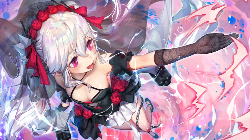 1girl arm_garter azur_lane bangs bare_shoulders bat black_dress black_gloves black_legwear blush breasts bridal_veil chains cleavage cleavage_cutout collarbone dress dress_bow elbow_gloves eyebrows_visible_through_hair fang fang_out floating_hair flower from_above from_below gloves gorgeous_mushroom hair_between_eyes hair_ornament hair_ribbon highres jewelry light_particles long_hair looking_afar looking_away looking_to_the_side open_mouth outstretched_arm petals red_eyes ribbon rigging ring rose sidelocks silver_hair silver_wings small_breasts smile solo standing thigh-highs tiara torpedo_launcher twintails underwear vampire_(azur_lane) veil very_long_hair wind window wings