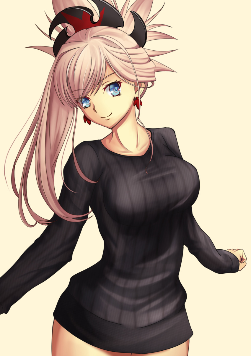 1girl bangs beige_background black_sweater blue_eyes breasts brown_hair closed_mouth collarbone commentary_request earrings eyebrows_visible_through_hair fate/grand_order fate_(series) hair_between_eyes hair_ornament head_tilt highres jewelry long_hair long_sleeves medium_breasts mishiro0229 miyamoto_musashi_(fate/grand_order) ponytail ribbed_sweater simple_background sleeves_past_wrists smile solo standing sweater