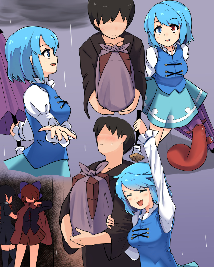 1boy 3girls :d arm_up arms_behind_back bangs black_dress black_hair black_kimono black_legwear black_shirt blue_bow blue_eyes blue_hair blue_skirt blue_vest blush bow bowtie breasts cape closed_eyes clouds collarbone commentary_request dress eyebrows_visible_through_hair faceless faceless_female feet_out_of_frame flying_sweatdrops from_side grey_background hair_bow hetero highres holding holding_umbrella houjuu_nue japanese_clothes juliet_sleeves kimono long_sleeves looking_at_another medium_breasts multiple_girls multiple_views no_eyes open_mouth pointy_ears profile puffy_sleeves purple_umbrella rain red_bow red_cape red_eyes red_neckwear red_skirt redhead sekibanki shadow shirt short_dress short_hair short_sleeves sidelocks simple_background skirt smile tada_no_nasu tatara_kogasa thigh-highs thighs tongue touhou umbrella upper_body vest white_shirt wide_sleeves zettai_ryouiki