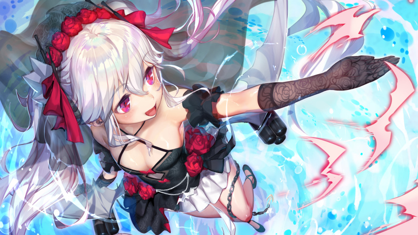 1girl arm_garter azur_lane bangs bare_shoulders bat black_dress black_gloves black_legwear blush breasts bridal_veil chains cleavage cleavage_cutout collarbone dress dress_bow elbow_gloves eyebrows_visible_through_hair fang fang_out floating_hair flower from_above from_below gloves gorgeous_mushroom hair_between_eyes hair_ornament hair_ribbon highres jewelry light_particles long_hair looking_afar looking_away looking_to_the_side open_mouth outstretched_arm petals red_eyes ribbon rigging ring rose sidelocks silver_hair silver_wings small_breasts smile solo standing thigh-highs tiara torpedo_launcher twintails underwear vampire_(azur_lane) veil very_long_hair wind window wings