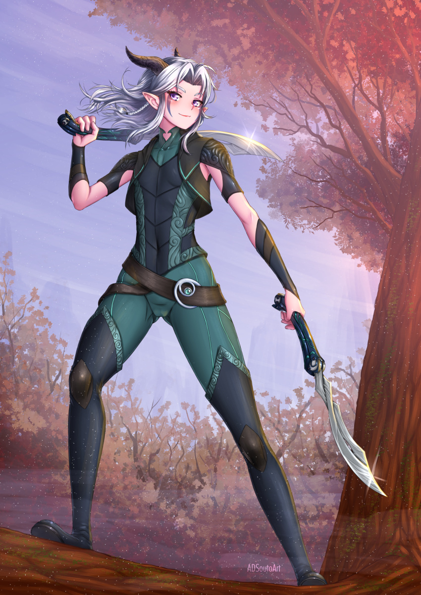 1girl adsouto artist_name boots commentary cropped_jacket day dual_wielding english_commentary eyebrows_visible_through_hair facial_mark flat_chest highres holding horns jacket legs_apart long_hair looking_at_viewer open_clothes open_jacket outdoors pointy_ears rayla_(the_dragon_prince) silver_hair sleeveless smile solo standing the_dragon_prince thigh-highs thigh_boots violet_eyes weapon wind wrist_guards