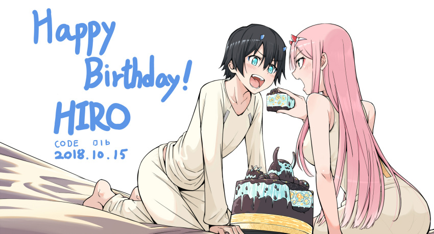 1boy 1girl all_fours aqua_eyes barefoot birthday_cake black_hair blue_horns cake chicke_iii darling_in_the_franxx dated feeding food hairband happy_birthday highres hiro_(darling_in_the_franxx) horns long_hair open_mouth pink_hair simple_background spoilers white_background zero_two_(darling_in_the_franxx)