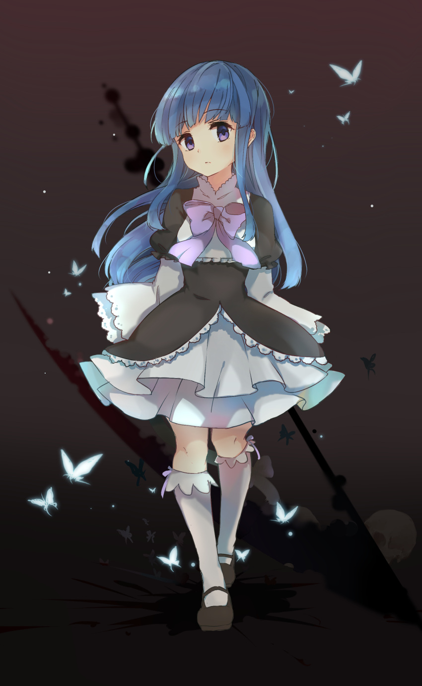 1girl absurdres arms_behind_back black_dress blue_hair commentary_request dress full_body furude_rika furuderi_mayono highres higurashi_no_naku_koro_ni kneehighs long_hair mary_janes shoes solo violet_eyes walking white_legwear