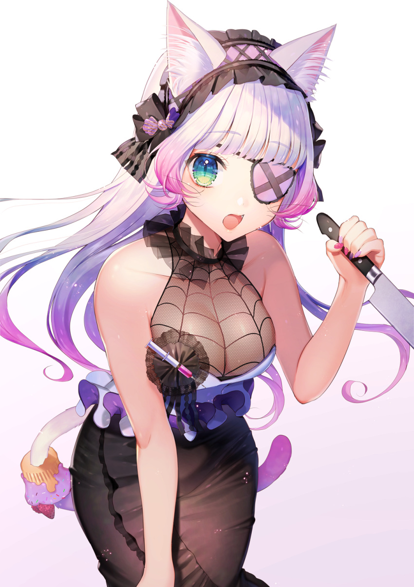 1girl animal_ear_fluff animal_ears bangs bare_arms bare_shoulders black_bow black_skirt blue_eyes blunt_bangs blush bow breasts candy candy_hair_ornament cat_ears cat_girl cat_tail cleavage eyebrows_visible_through_hair eyepatch fang fishnets food food_themed_hair_ornament gradient gradient_background gradient_hair hair_ornament hairband halterneck highres holding holding_knife kitchen_knife knife large_breasts lavender_hair leaning_forward lolita_hairband long_hair looking_at_viewer momoshiki_tsubaki multicolored_hair one_eye_covered open_mouth original pink_background pink_hair skirt sleeveless slit_pupils solo syringe tail whiskers white_background