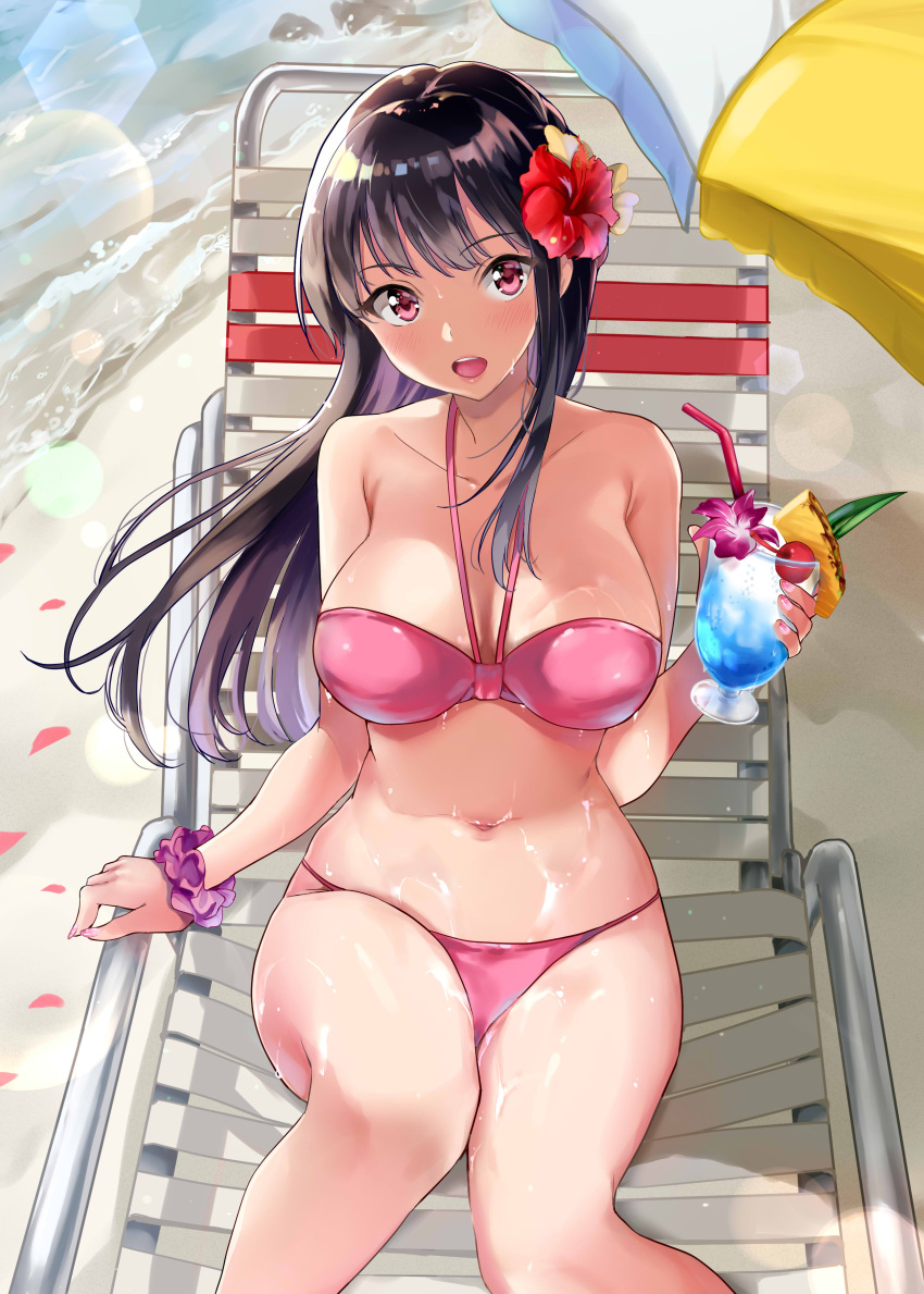 1girl absurdres bangs bare_shoulders beach_chair beach_umbrella bikini black_hair breasts collarbone comic drinking_straw eyebrows_visible_through_hair flower food fruit hair_flower hair_ornament halterneck hibiscus highres holding large_breasts lips long_hair looking_at_viewer maumen navel open_mouth petals pink_bikini shiny shiny_hair shiny_skin sitting smile solo swimsuit toranoana tropical_drink umbrella violet_eyes water