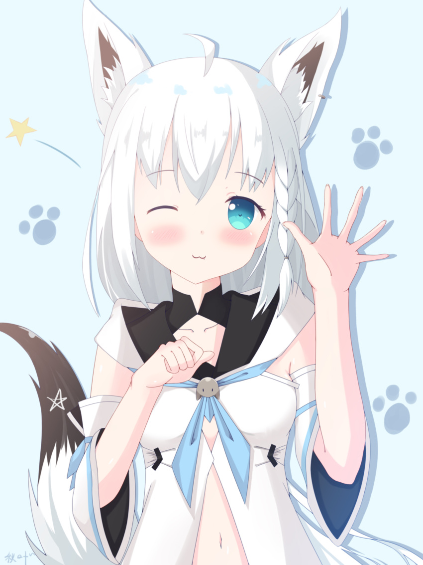1girl ;3 absurdres ahoge animal_ear_fluff animal_ears arm_up bangs bare_shoulders blue_background blue_eyes blue_neckwear blush closed_mouth commentary_request detached_sleeves ear_piercing eyebrows_visible_through_hair fang fang_out fingernails fox_ears fox_girl fox_tail hair_between_eyes highres hololive liang_feng_qui_ye navel neckerchief one_eye_closed piercing shirakami_fubuki shirt short_sleeves signature silver_hair sleeveless sleeveless_shirt solo tail tail_raised upper_body virtual_youtuber white_shirt white_sleeves wide_sleeves