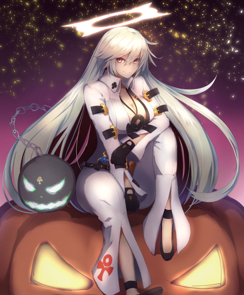 1girl alder black_gloves breasts chains cleavage closed_mouth collarbone eyebrows_visible_through_hair gloves guilty_gear high_heels highres jack-o'-lantern jack-o'_valentine large_breasts long_hair looking_at_viewer red_eyes sitting smile solo very_long_hair white_hair