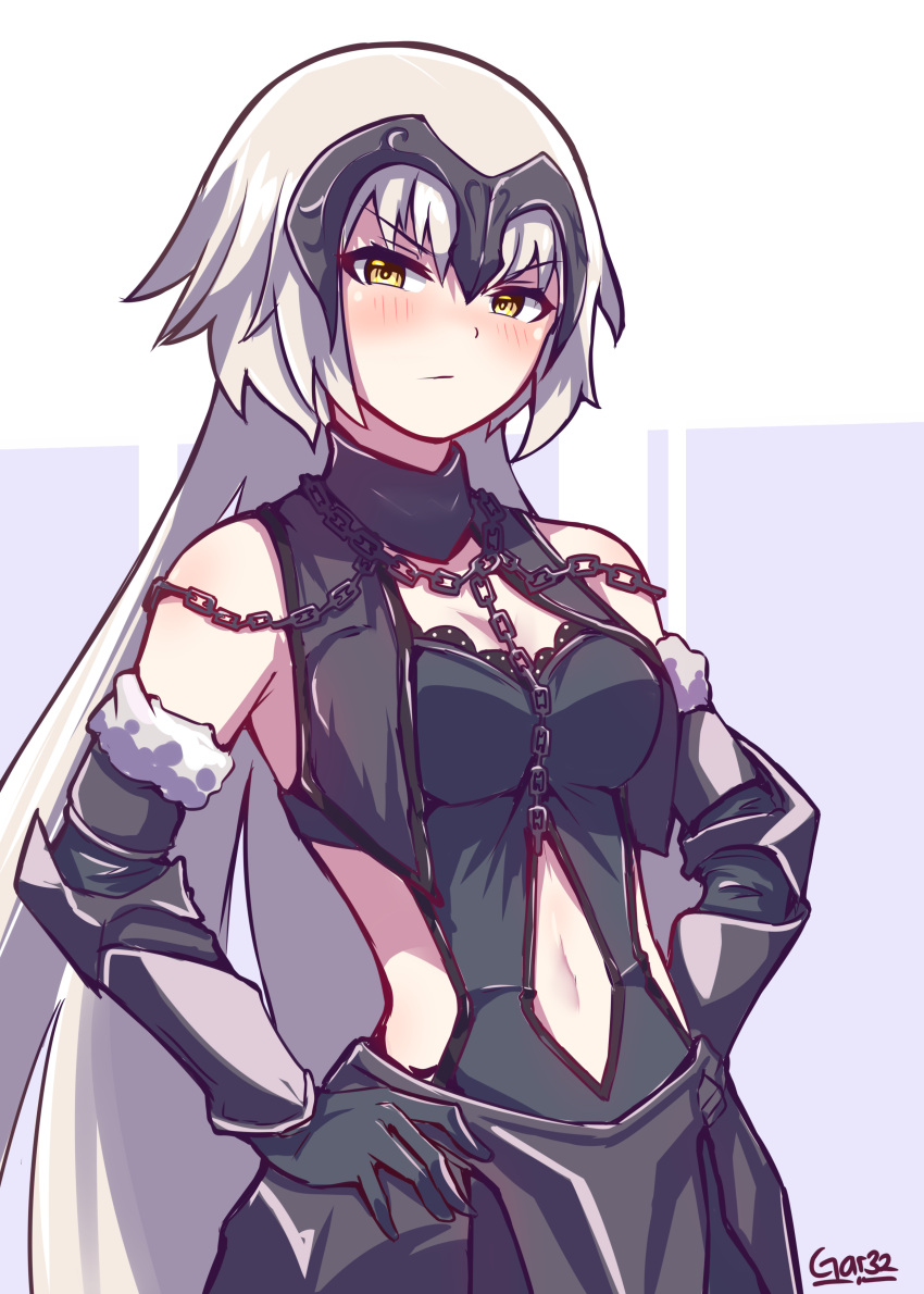 1girl absurdres artist_name blush breasts chains cleavage cowboy_shot elbow_gloves fate/grand_order fate_(series) fur-trimmed_gloves fur_trim gloves grey_hair hair_between_eyes hands_on_hips headpiece highres jeanne_d'arc_(alter)_(fate) jeanne_d'arc_(fate)_(all) long_hair medium_breasts navel navel_cutout side_cutout solo tegar32 yellow_eyes