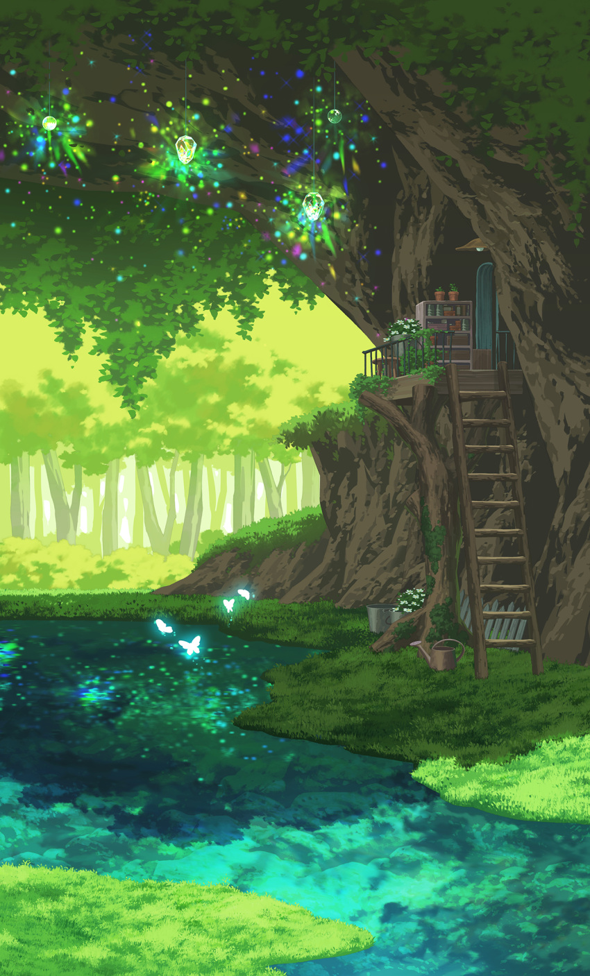 box bucket bug bush butterfly chair commentary_request crystal day fence flower forest grass highres insect ladder light_bulb light_particles nature no_humans original outdoors plant potted_plant railing river scenery sennotane shelf tree treehouse water watering_can