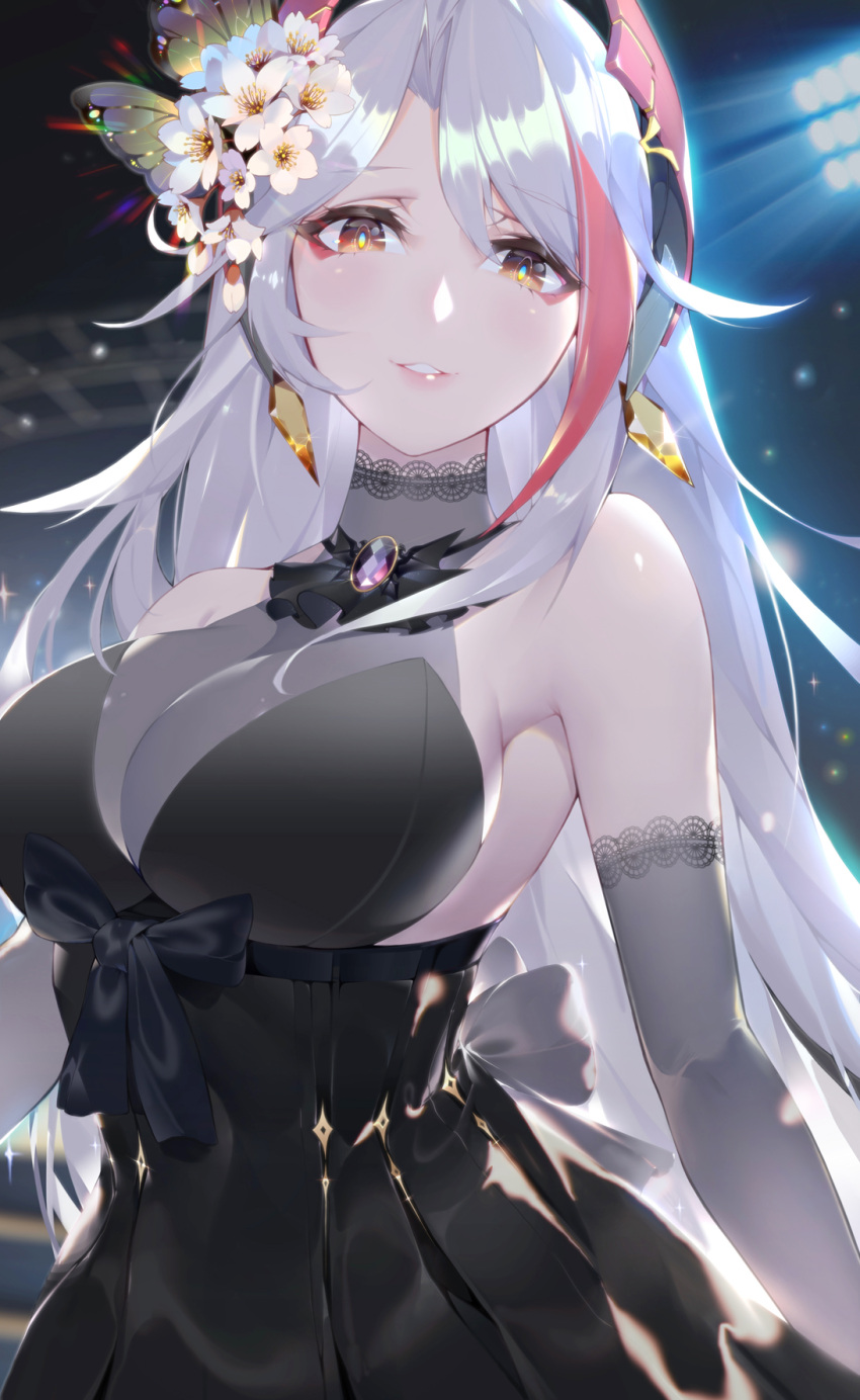 1girl alternate_costume amethyst antenna_hair azur_lane backlighting bangs bare_shoulders black_dress blurry blurry_background blush breasts brown_eyes butterfly_hair_ornament calder choker cleavage commentary_request dress earrings elbow_gloves eyebrows_visible_through_hair eyeshadow flower glint gloves hair_between_eyes hair_flower hair_ornament halter_dress headgear highres jewelry lace lace-trimmed_gloves large_breasts light_particles lights long_hair looking_at_viewer makeup multicolored_hair night parted_lips pink_lips prinz_eugen_(azur_lane) redhead ribbon ribbon-trimmed_dress sidelocks silver_gloves silver_hair sleeveless sleeveless_dress smile solo stadium streaked_hair topaz_(stone) two_side_up very_long_hair