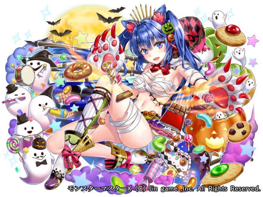 1girl :d animal_ears bandage blue_hair blush bow breasts candy cat_ears checkerboard_cookie chocolate_bar cookie copyright_name doughnut drum drumsticks fantasy flute food food_themed_hair_ornament full_moon gloves hair_ornament hakuda_tofu halloween instrument jelly_bean knee_up lollipop medium_breasts monster_girl monster_master_x moon navel official_art open_mouth paw_gloves paws pumpkin_hair_ornament red_bow smile twintails violet_eyes wrapped_candy