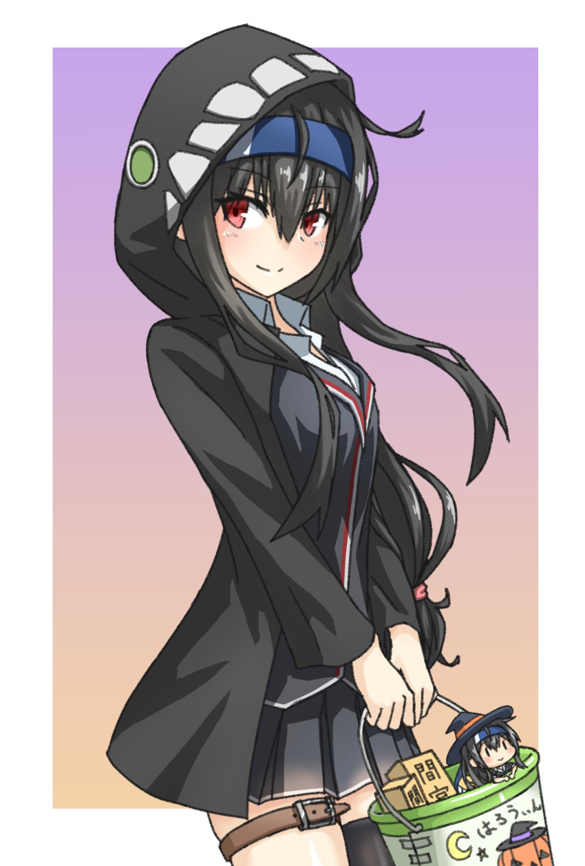 1girl artist_request black_hair black_jacket black_legwear blazer blue_headband bucket closed_mouth commentary_request eyebrows_visible_through_hair fairy_(kantai_collection) halloween hat hatsushimo_(kantai_collection) headband highres holding holding_bucket hood hooded_jacket jack-o'-lantern jacket kantai_collection long_hair looking_to_the_side low-tied_long_hair pleated_skirt red_eyes remodel_(kantai_collection) school_uniform shirt simple_background single_thighhigh skirt smile solo tape thigh-highs thigh_strap white_shirt witch_hat