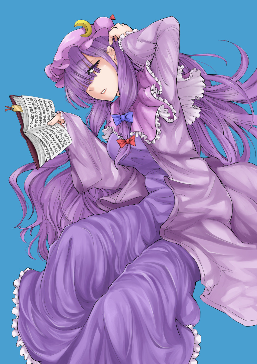 1girl absurdres arm_up bangs blue_background blunt_bangs book crescent crescent_moon_pin dress eyes_visible_through_hair frills hair_over_eyes hand_up hat highres holding holding_book long_dress long_hair long_sleeves looking_at_viewer omigawa_namari open_clothes open_shirt patchouli_knowledge purple purple_capelet purple_dress purple_hair purple_hat purple_shirt shirt simple_background solo touhou very_long_hair violet_eyes wide_sleeves