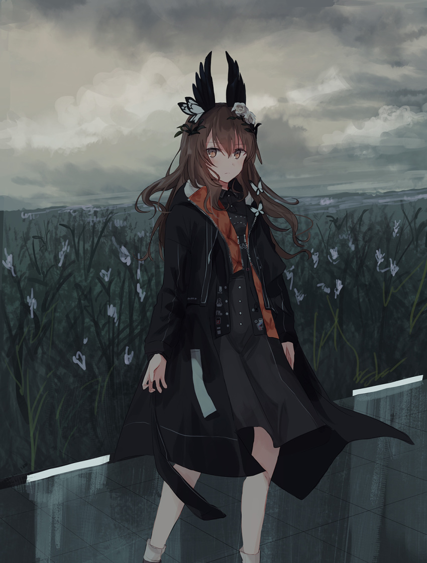 1girl animal bangs black_jacket black_shirt black_skirt black_wings brown_eyes brown_hair bug butterfly chihuri closed_mouth clouds cloudy_sky collared_shirt eyebrows_visible_through_hair feathered_wings field flower flower_field hair_between_eyes hair_flower hair_ornament head_wings highres insect jacket lavender_quartz long_hair long_sleeves looking_at_viewer open_clothes open_jacket outdoors overcast reflection rose shirt skirt sky solo standing torabishi_lana white_flower white_rose wings