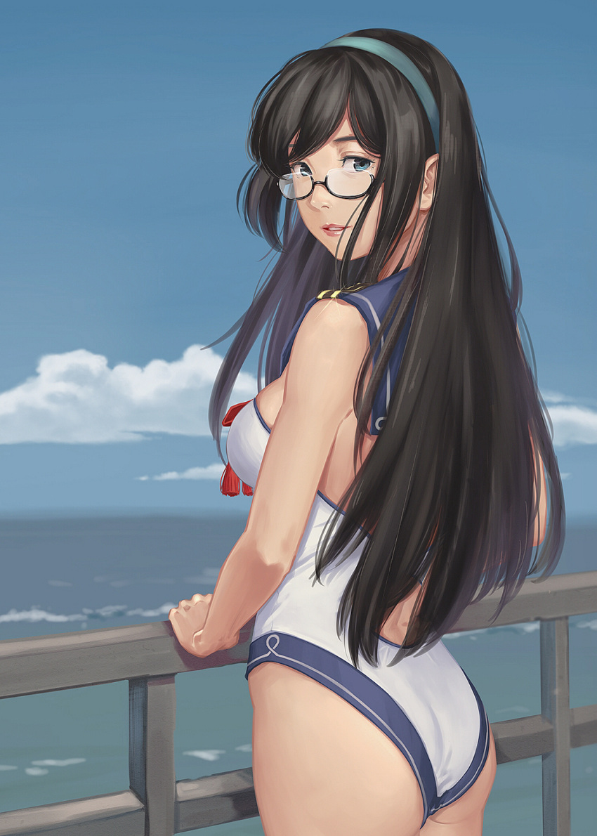 1girl adapted_costume ass beach black_hair blue_eyes blue_sailor_collar blue_sky breasts casual_one-piece_swimsuit clouds day glasses hair_between_eyes hairband highres kantai_collection lips long_hair looking_at_viewer looking_to_the_side ocean one-piece_swimsuit ooyodo_(kantai_collection) outdoors sailor_collar semi-rimless_eyewear sky small_breasts smile solo standing sufew swimsuit under-rim_eyewear water white_swimsuit