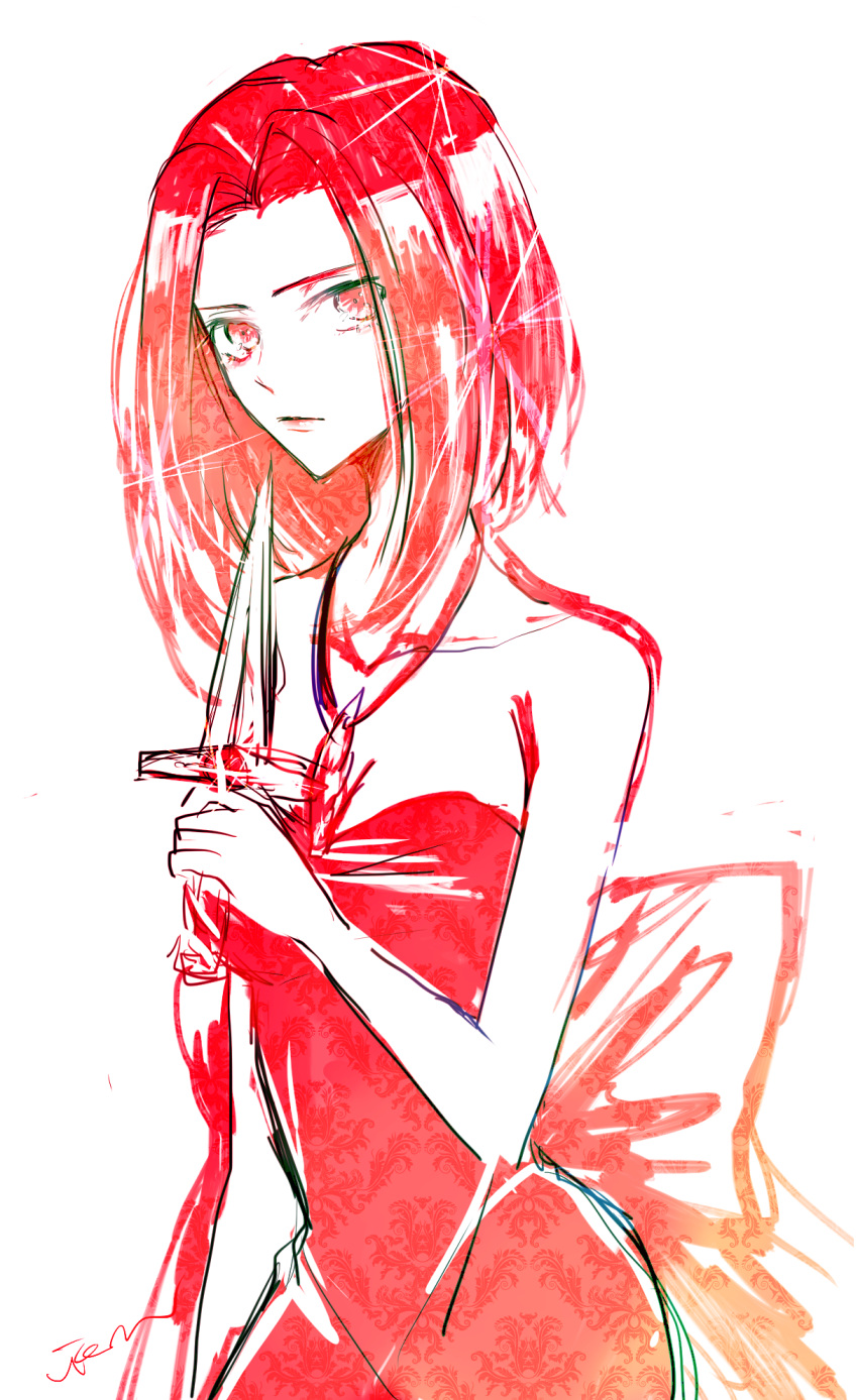 1girl alternate_costume alternate_eye_color bare_arms bare_shoulders breasts cleavage code_geass collarbone dagger dress eyelashes hair_intakes highres holding holding_dagger holding_weapon ilohasvio kallen_stadtfeld lips looking_at_viewer monochrome red_dress red_eyes redhead sketch sleeveless sleeveless_dress solo weapon