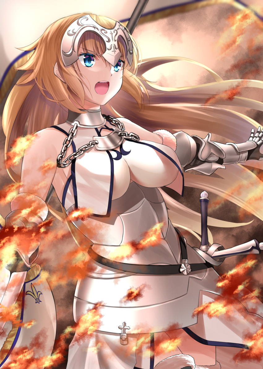 1girl :o absurdres armor armored_dress banner blonde_hair blue_eyes breasts commentary_request fate/grand_order fate_(series) fire flagpole gauntlets headpiece highres huge_filesize jeanne_d'arc_(fate) jeanne_d'arc_(fate)_(all) large_breasts long_hair solo sword takenoko_27074918 very_long_hair weapon