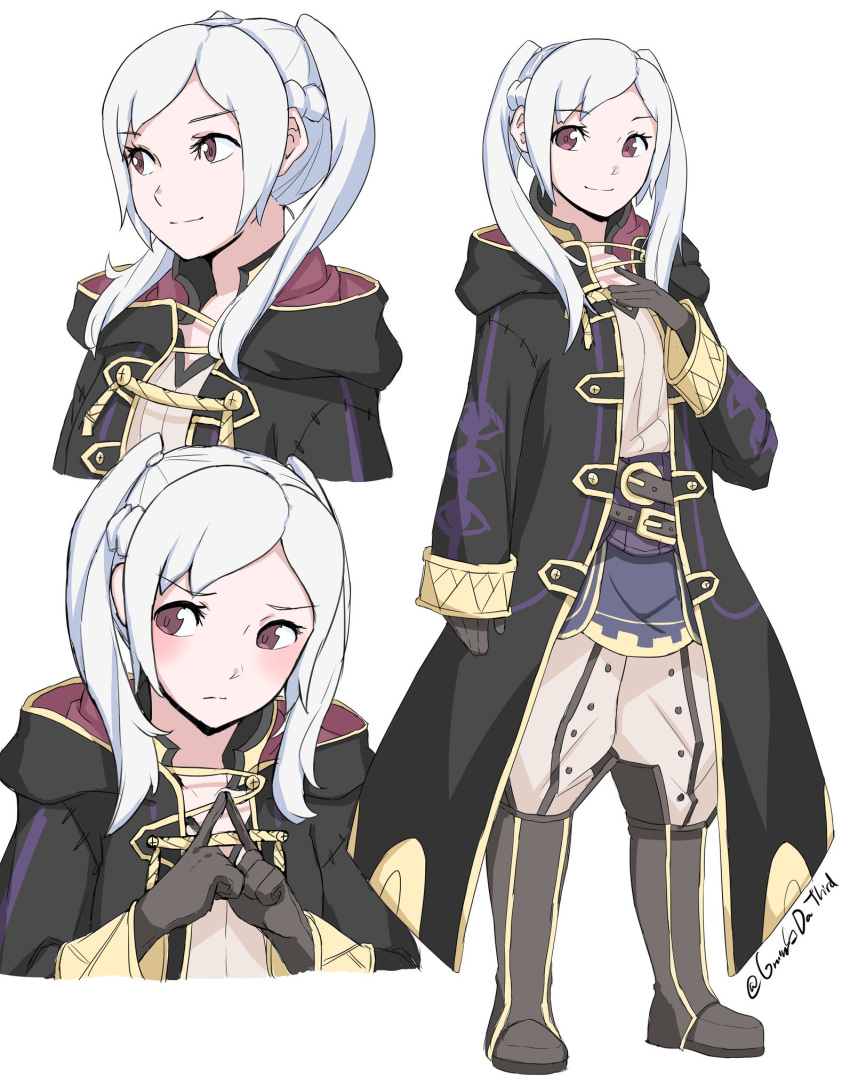 belt blush brown_eyes closed_mouth female_my_unit_(fire_emblem:_kakusei) fingers_together fire_emblem fire_emblem:_kakusei gloves grimmelsdathird highres hood hood_down long_sleeves my_unit_(fire_emblem:_kakusei) nintendo robe simple_background smile standing twintails twitter_username white_background white_hair