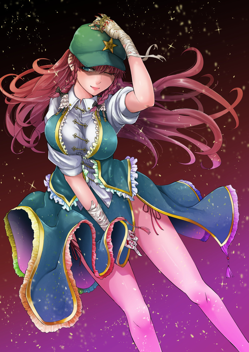 1girl ;) absurdres arm_up bandage bandaged_hands bandages bare_legs black_background blood breasts closed_eyes collared_shirt gradient gradient_background green_eyes green_hat green_skirt green_vest hand_on_own_head hat highres hong_meiling large_breasts light_smile lips looking_at_viewer omigawa_namari one_eye_closed open_clothes open_vest red_background redhead shirt short_sleeves skirt skirt_tug smile solo star touhou vest white_shirt wing_collar