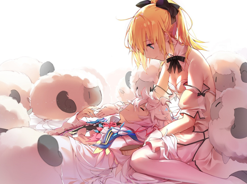 1boy 1girl artoria_pendragon_(all) black_bow black_ribbon blonde_hair blue_eyes bow breasts choker cleavage closed_eyes detached_sleeves dress eyebrows_visible_through_hair fate/grand_order fate_(series) gloves hair_bow highres kamiowl long_hair lying merlin_(fate/prototype) neck_ribbon on_back ponytail ribbon saber_lily short_sleeves silver_hair sleeping sleeveless sleeveless_dress small_breasts striped striped_dress very_long_hair white_background white_dress white_gloves