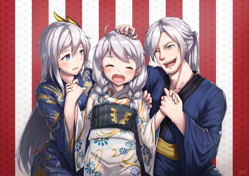 1boy 2girls :d ^_^ adam's_apple ahoge bangs blue_eyes blue_kimono blush braid breasts cecilia_shania child closed_eyes closed_eyes ekusufeito eyebrows_visible_through_hair facial_hair facing_viewer family hair_between_eyes hair_ornament hair_tousle hand_holding hand_on_another's_head hand_on_another's_shoulder happy honkai_impact japanese_clothes kiana_kaslana kimono kneeling long_hair looking_at_another medium_breasts multiple_girls obi one_eye_closed open_mouth ponytail sash siegfried_kaslana signature silver_hair smile stubble twin_braids very_long_hair white_kimono