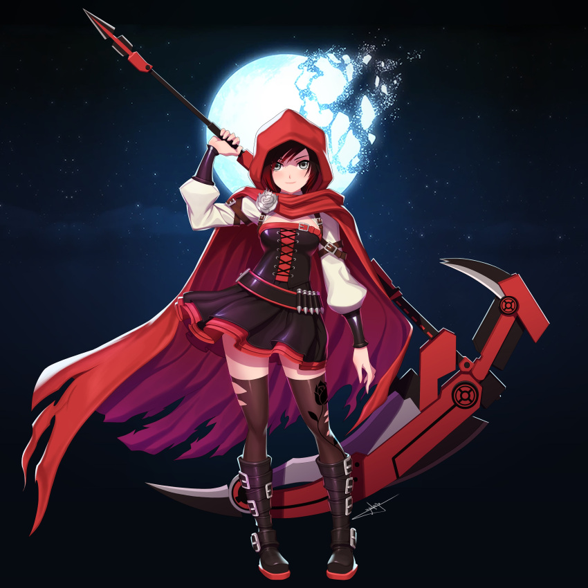 1girl absurdres black_hair black_legwear black_skirt breasts cape contrapposto corset full_body gradient_hair grey_rose highres holding holding_scythe hood hood_up hooded long_sleeves medium_breasts miniskirt moon multicolored_hair red_cape redhead ruby_rose rwby scythe signature skirt solo standing thigh-highs torn_clothes torn_legwear two-tone_hair uyalago white_sleeves zettai_ryouiki