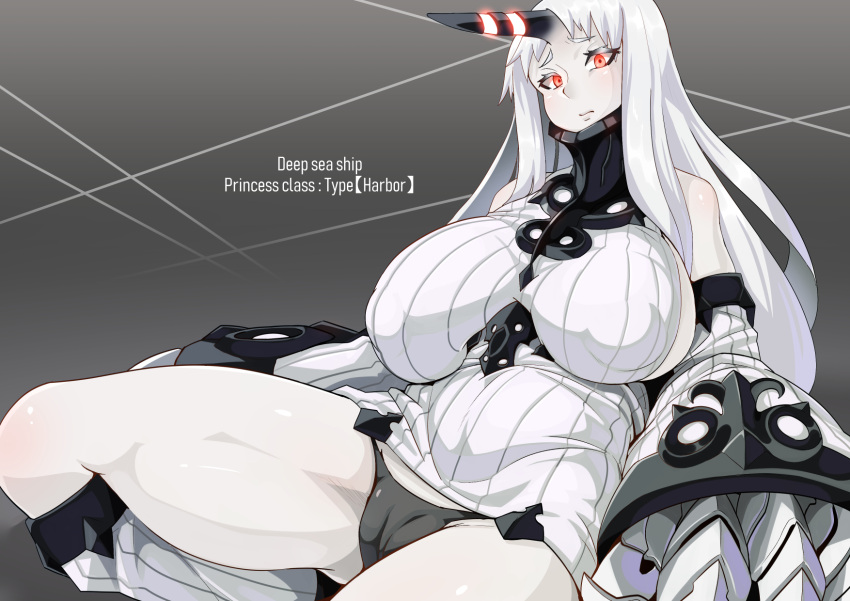 1girl claws commentary_request detached_sleeves dress highres horn kantai_collection long_hair pale_skin panties red_eyes ribbed_dress ribbed_sweater ryuun_(stiil) seaport_hime shinkaisei-kan short_dress solo sweater sweater_dress underwear very_long_hair white_hair white_skin