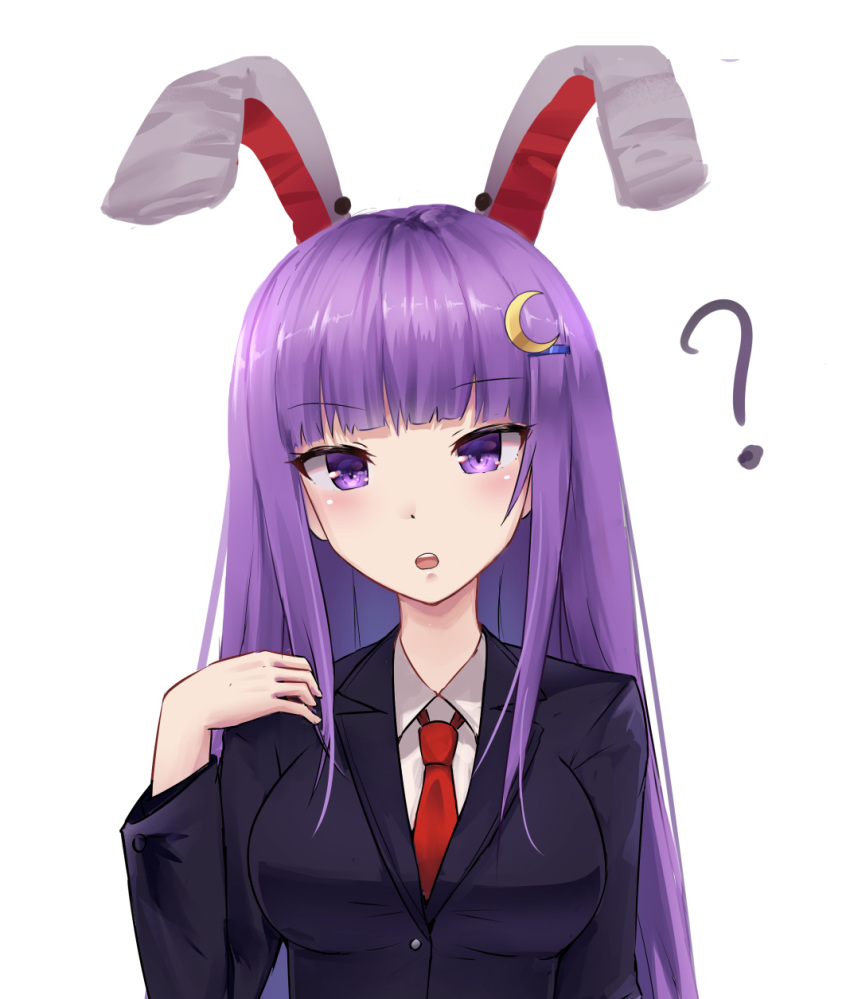 1girl ? alternate_costume animal_ears blush breasts collar cosplay danraz0r eyebrows_visible_through_hair highres long_hair looking_at_viewer medium_breasts necktie open_mouth patchouli_knowledge purple_hair rabbit_ears red_neckwear reisen_udongein_inaba reisen_udongein_inaba_(cosplay) school_uniform simple_background solo spoken_question_mark touhou upper_body very_long_hair violet_eyes white_background