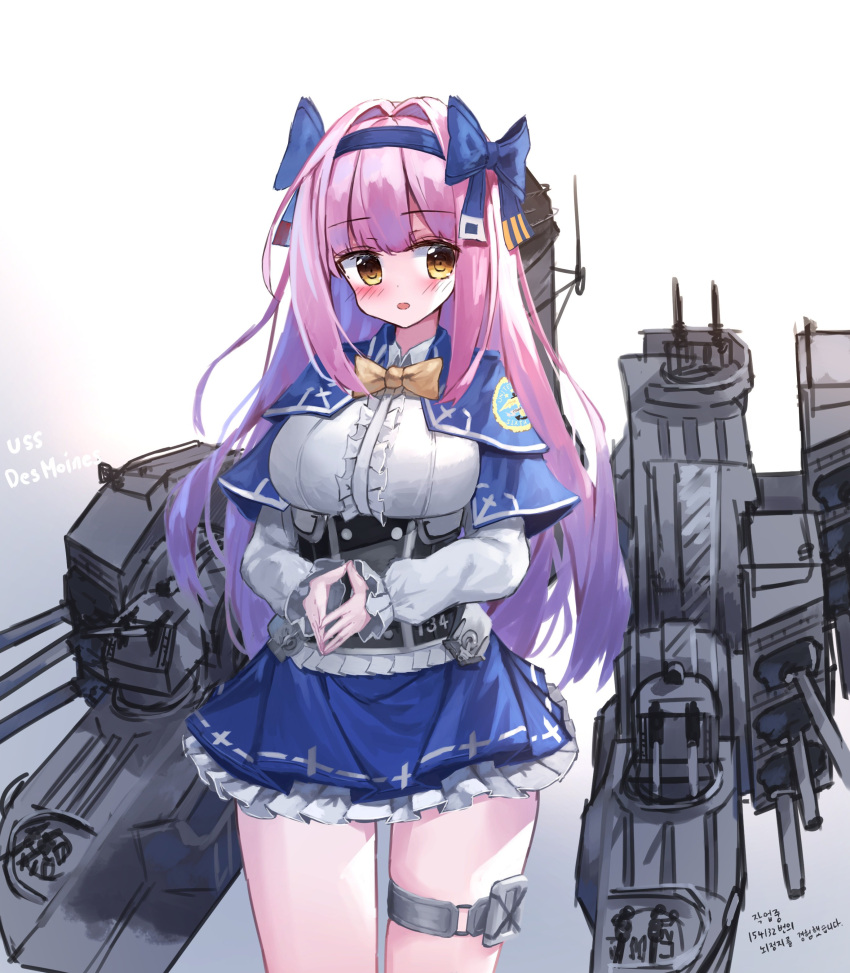 1girl absurdres blue_bow blue_capelet blue_hairband blue_skirt blush bow breasts brown_eyes cannon capelet center_frills commentary cowboy_shot frilled_skirt frills gradient gradient_background grey_background hair_bow hairband head_tilt highres korean large_breasts long_hair machinery original parted_lips personification pink_hair pleated_skirt shirt sketch skirt solo standing steepled_fingers tandohark thigh_strap translation_request turret underbust uss_des_moines_(ca-134) very_long_hair white_background white_shirt