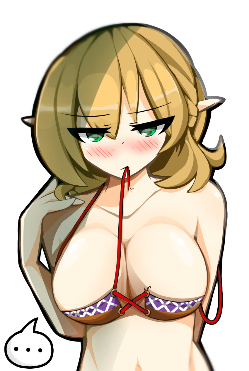 ... 1girl arm_behind_back bangs bare_shoulders blonde_hair blush bra breasts brown_bra cleavage collarbone green_eyes hand_on_own_shoulder hand_on_shoulder highres kaliningradg large_breasts looking_at_viewer medium_hair mizuhashi_parsee mouth_hold multicolored multicolored_bra multicolored_clothes navel partially_undressed pointy_ears pulled_by_self purple_bra red_string simple_background solo spoken_ellipsis strap_pull strap_slip string touhou underwear upper_body white_background