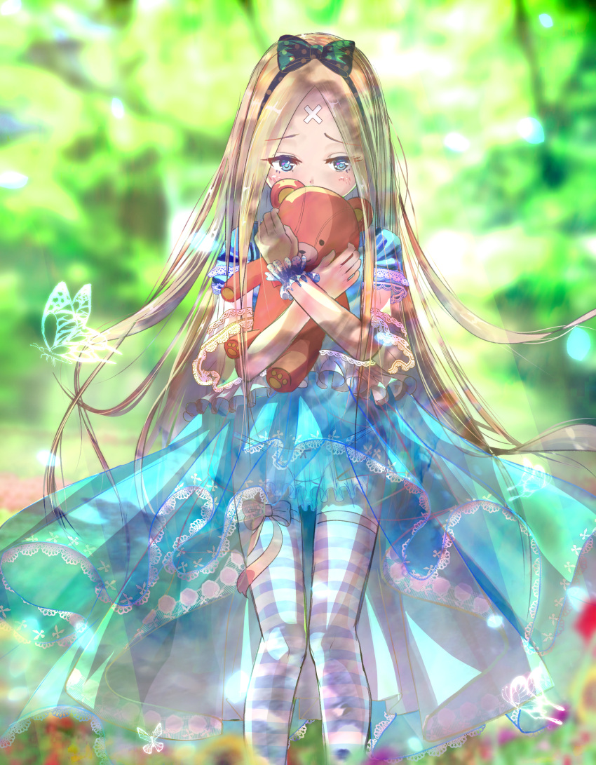 1girl abigail_williams_(fate/grand_order) absurdres bangs black_bow blonde_hair blue_dress blue_eyes blurry blurry_background blush bow bow_panties bug butterfly commentary_request covered_mouth depth_of_field dress eyebrows_visible_through_hair fate/grand_order fate_(series) gluteal_fold hair_bow hands_up highres insect long_hair looking_away looking_to_the_side object_hug panties parted_bangs polka_dot polka_dot_bow sakazakinchan scrunchie see-through short_sleeves solo standing striped striped_legwear stuffed_animal stuffed_toy teddy_bear thigh-highs underwear very_long_hair wide_sleeves wrist_scrunchie