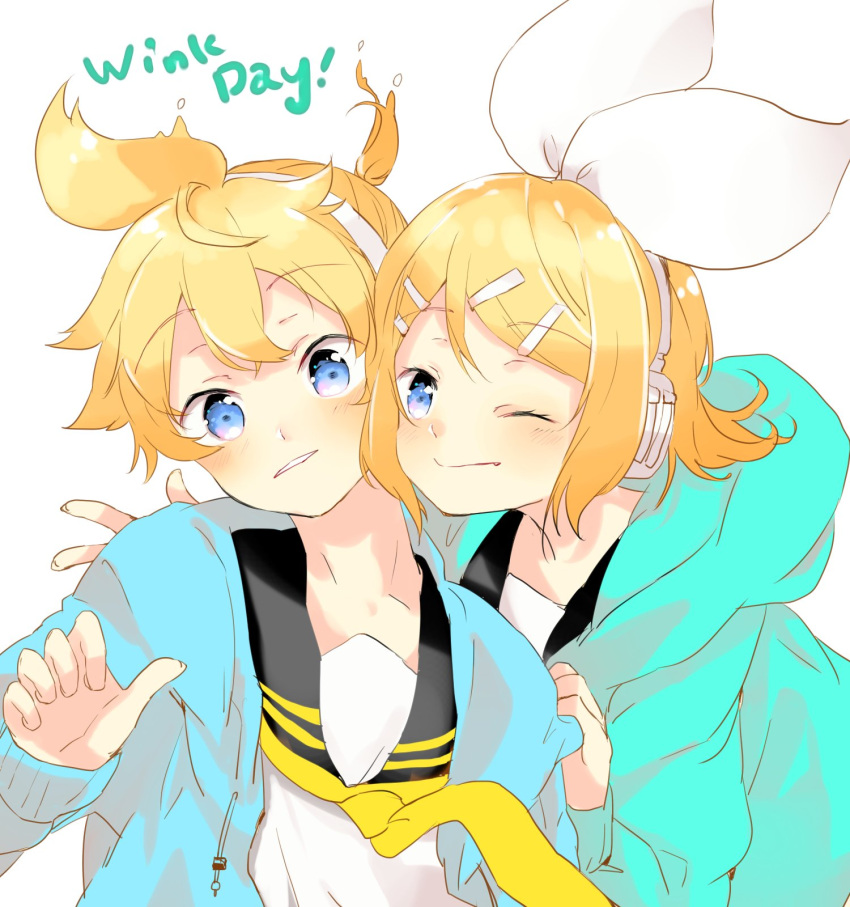 1boy 1girl aqua_hoodie blonde_hair blue_eyes bow brother_and_sister cheek-to-cheek clothes_grab eyebrows_visible_through_hair hair_bow hair_ornament hairclip headphones headset highres kagamine_len kagamine_rin necktie one_eye_closed oyamada_(pi0v0jg) parted_lips sailor_collar short_hair short_ponytail siblings smile twins v vocaloid yellow_neckwear