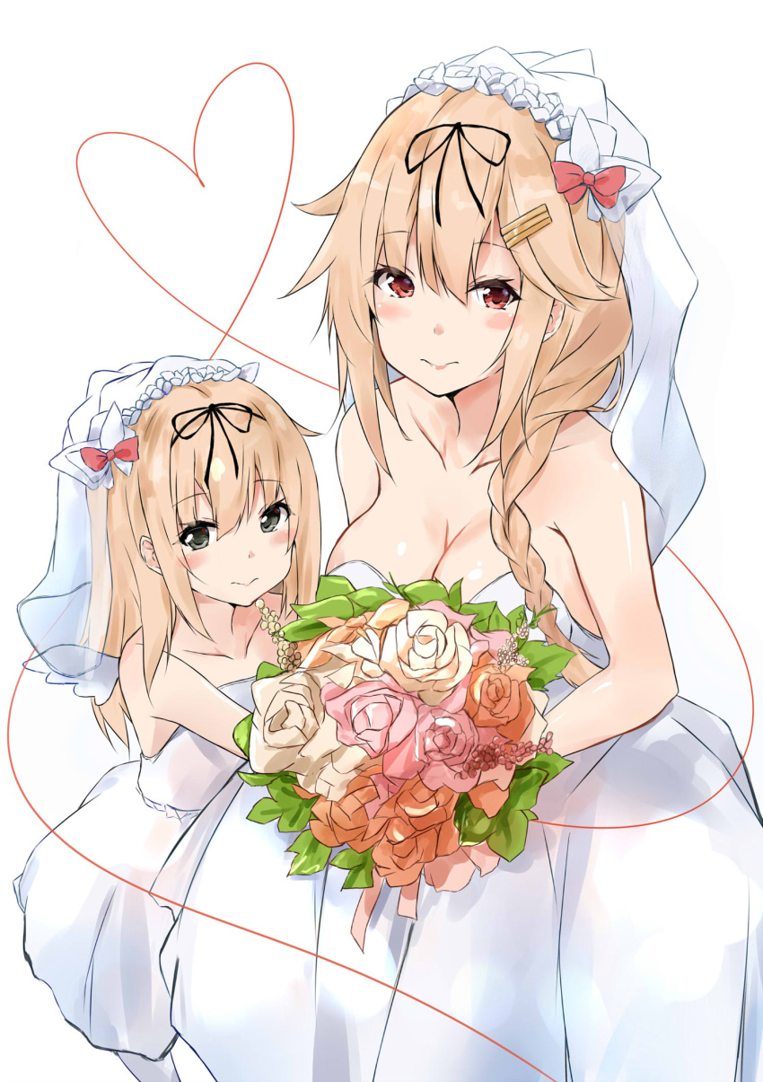 2girls bare_arms bare_shoulders blonde_hair blush bouquet braid breasts bridal_veil bride closed_mouth dress flower gloves grey_eyes hair_flaps hair_ornament hair_ribbon hairclip heart highres if_they_mated kantai_collection long_hair looking_at_viewer married mother_and_daughter multiple_girls red_eyes remodel_(kantai_collection) ribbon saku_(kudrove) single_braid smile strapless strapless_dress veil wedding_dress white_background yuudachi_(kantai_collection)