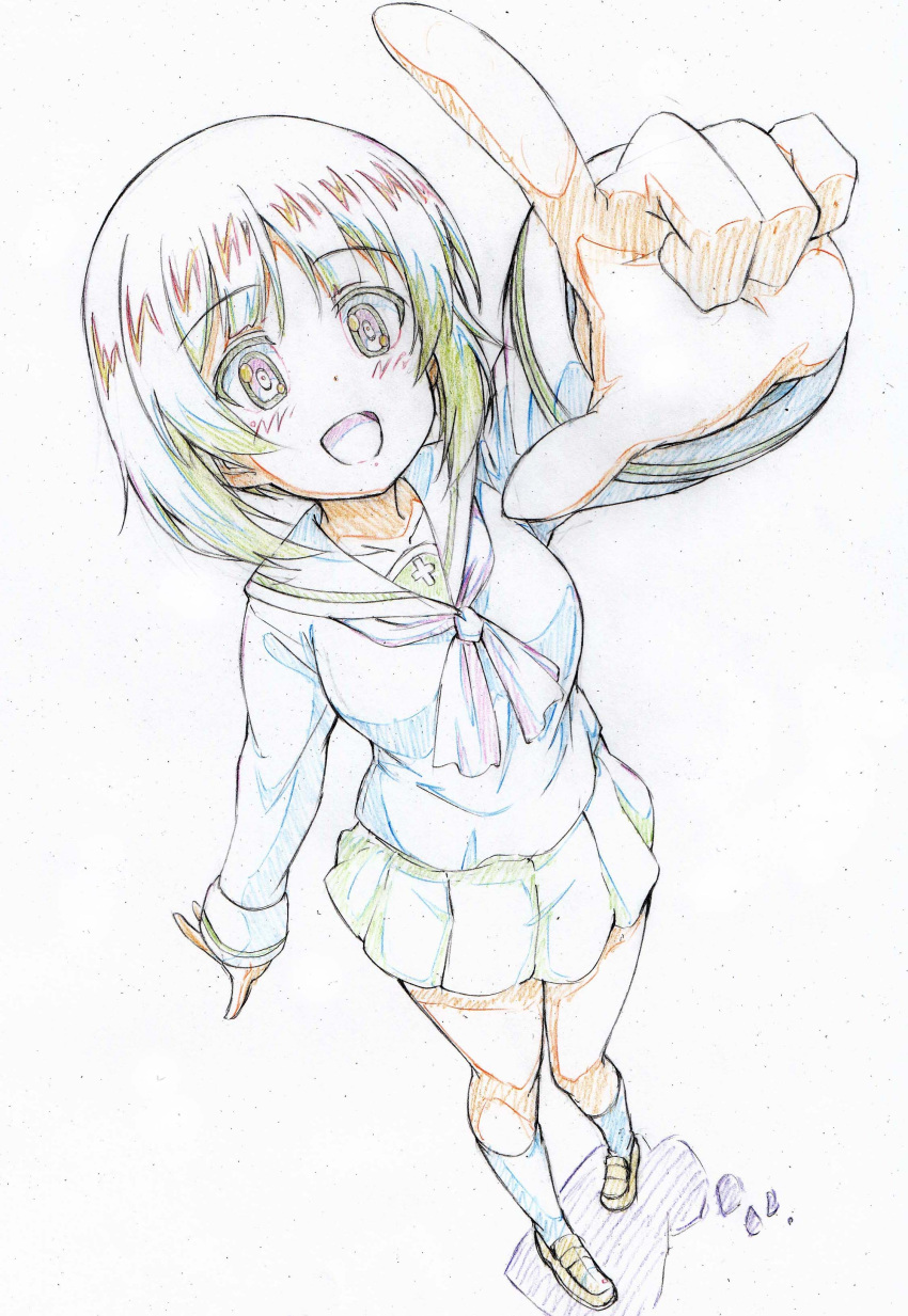 1girl :d absurdres bangs black_legwear black_neckwear blouse brown_eyes brown_footwear brown_hair colored_pencil_(medium) commentary_request eyebrows_visible_through_hair foreshortening full_body girls_und_panzer green_skirt highres kitazinger loafers long_sleeves looking_at_viewer miniskirt neckerchief nishizumi_miho ooarai_school_uniform open_mouth pleated_skirt pointing pointing_at_viewer school_uniform serafuku shadow shoes short_hair skirt smile socks solo standing traditional_media white_blouse