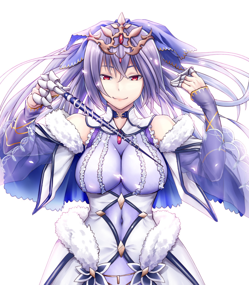 1girl arms_up bangs breasts commentary_request covered_navel dress fate/grand_order fate_(series) fur_trim hair_between_eyes highres jewelry koji_(koji-a) large_breasts long_hair long_sleeves looking_at_viewer purple_dress purple_hair red_eyes scathach_(fate)_(all) scathach_skadi_(fate/grand_order) smile solo tiara wand white_background