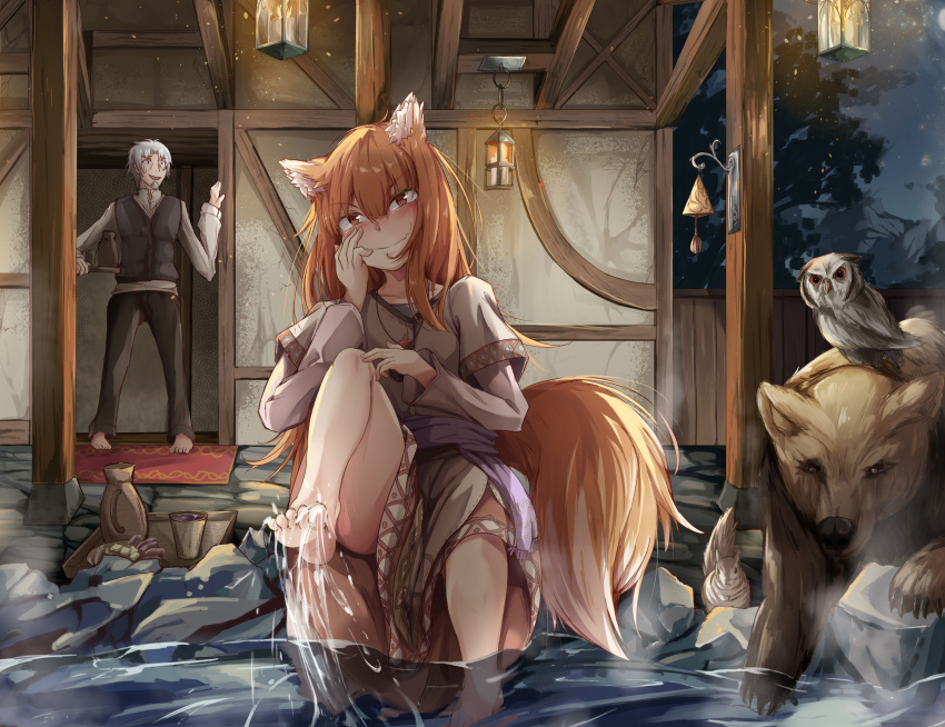 1boy 1girl animal_ears barefoot bear bird brown_hair commentary_request craft_lawrence highres holo lamp long_hair looking_at_viewer mahimaru night night_sky outdoors owl red_eyes short_hair silver_hair sitting sky slit_pupils smile soaking_feet spice_and_wolf standing tail water wolf_ears wolf_tail