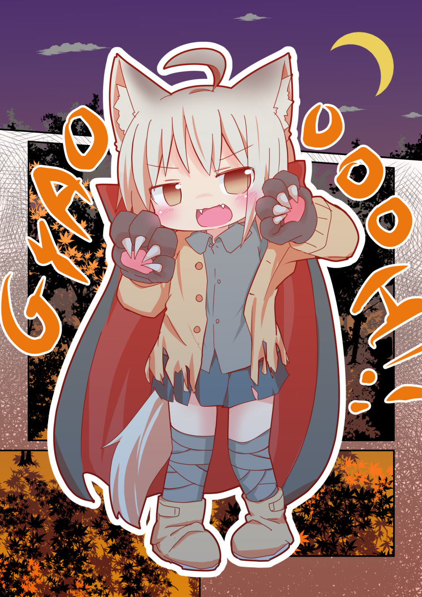 1girl animal_ears bandage bandaged_leg bandages boots brown_eyes cape cardigan claw_pose claws commentary_request crescent_moon dog_ears dog_tail fangs full_body gao gloves halloween halloween_costume highres light_brown_hair long_sleeves mikeya_hiyori miniskirt moon night open_cardigan open_clothes original paw_gloves paws shirt short_hair silver_hair skirt tail torn_clothes torn_shirt torn_sweater