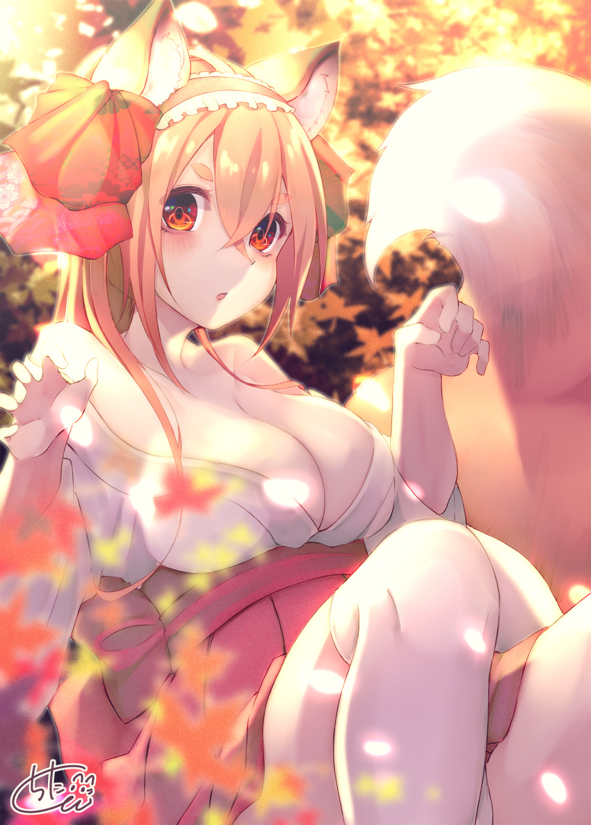 1girl animal_ear_fluff animal_ears bangs blurry blurry_foreground blush breasts chita_(ketchup) cleavage collarbone commentary_request depth_of_field eyebrows_visible_through_hair fox_ears fox_girl fox_tail hair_between_eyes hair_ribbon hands_up head_tilt highres japanese_clothes kimono large_breasts light_brown_hair long_hair off_shoulder original parted_lips petals pleated_skirt red_eyes red_ribbon red_skirt ribbon short_eyebrows short_kimono signature sitting skirt solo tail tail_raised thick_eyebrows thigh-highs white_kimono white_legwear