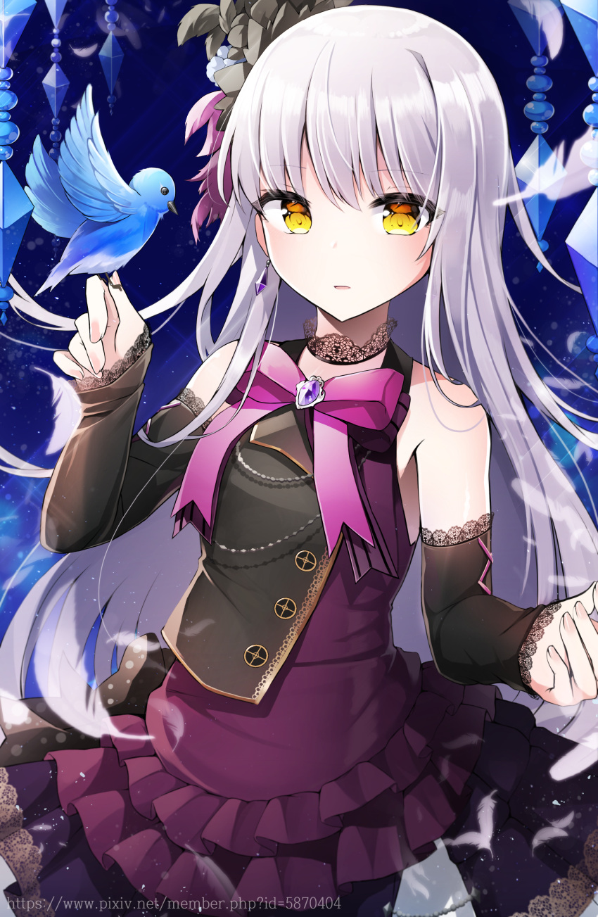 1girl absurdres bang_dream! bangs bird bird_on_hand black_choker black_dress black_feathers bluebird brooch choker detached_sleeves dress feathers grey_hair hair_feathers highres jewelry lace lace-trimmed_sleeves lace_choker lace_trim long_hair looking_at_viewer minato_yukina neck_ribbon onsem parted_lips pink_neckwear purple_feathers ribbon solo watermark web_address yellow_eyes
