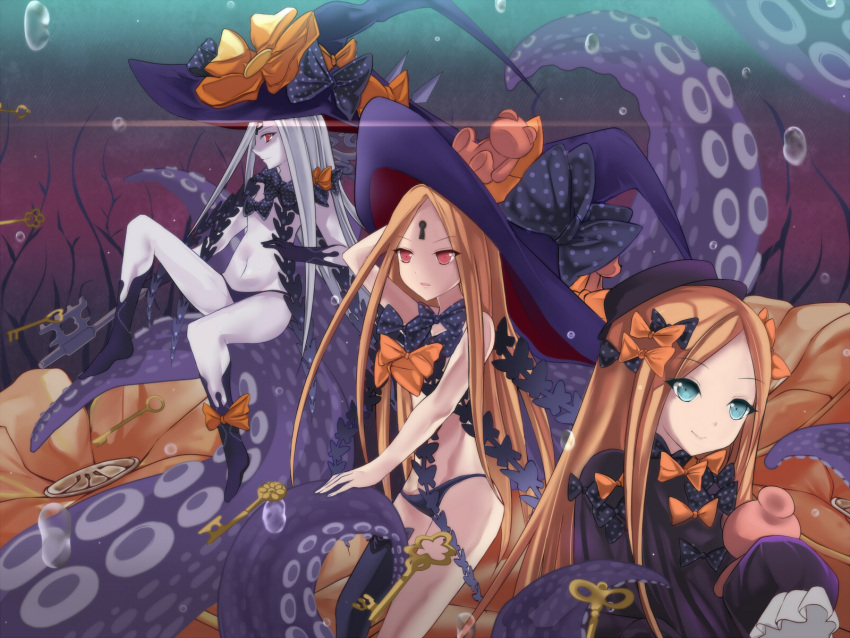 1girl abigail_williams_(fate/grand_order) bangs black_bow black_dress black_hat black_panties blonde_hair blue_eyes bow dress eyebrows_visible_through_hair fate/grand_order fate_(series) gloves hair_bow hat highres key keyhole long_hair looking_to_the_side marionette_(excle) multiple_persona navel orange_bow panties parted_bangs polka_dot polka_dot_bow purple_bow red_eyes revealing_clothes smile solo stuffed_animal stuffed_toy teddy_bear tentacle underwear very_long_hair white_hair white_skin witch_hat