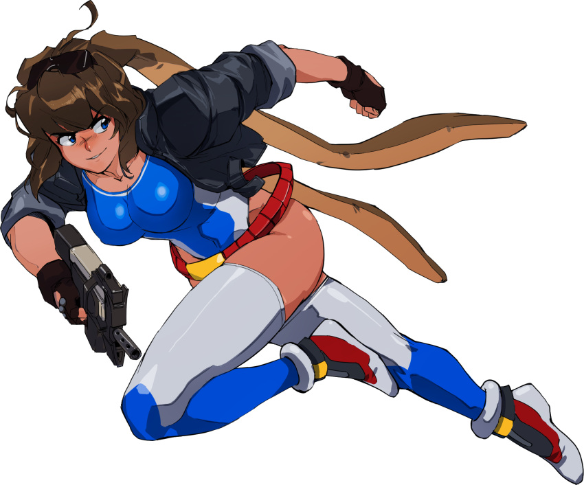1girl 90s animal_ears babs_(battle_athlete) bangs belt black_gloves blue_legwear blue_swimsuit borrowed_character breasts brown_hair clenched_hand commission competition_swimsuit cropped_jacket dark_skin david_liu eyebrows_visible_through_hair eyewear_on_head fingerless_gloves full_body gloves grey_legwear gun highleg highleg_swimsuit highres jacket large_breasts leather leather_jacket loose_belt machine_pistol mascot one-piece_swimsuit original rabbit_ears running shoes short_hair sleeves_rolled_up sneakers solo sunglasses swimsuit thigh-highs transparent_background weapon