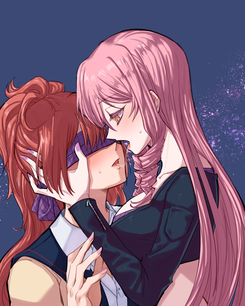 2girls aaaaddddd akuma_no_riddle black_jacket blindfold blush breasts cleavage crop_top cropped_jacket drill_hair eyebrows_visible_through_hair hair_between_eyes hand_on_another's_face highres holding inukai_isuke jacket long_hair long_sleeves looking_at_another medium_breasts midriff multiple_girls open_mouth pink_hair ponytail redhead sagae_haruki saliva saliva_trail school_uniform simple_background tongue very_long_hair yellow_eyes yuri zipper