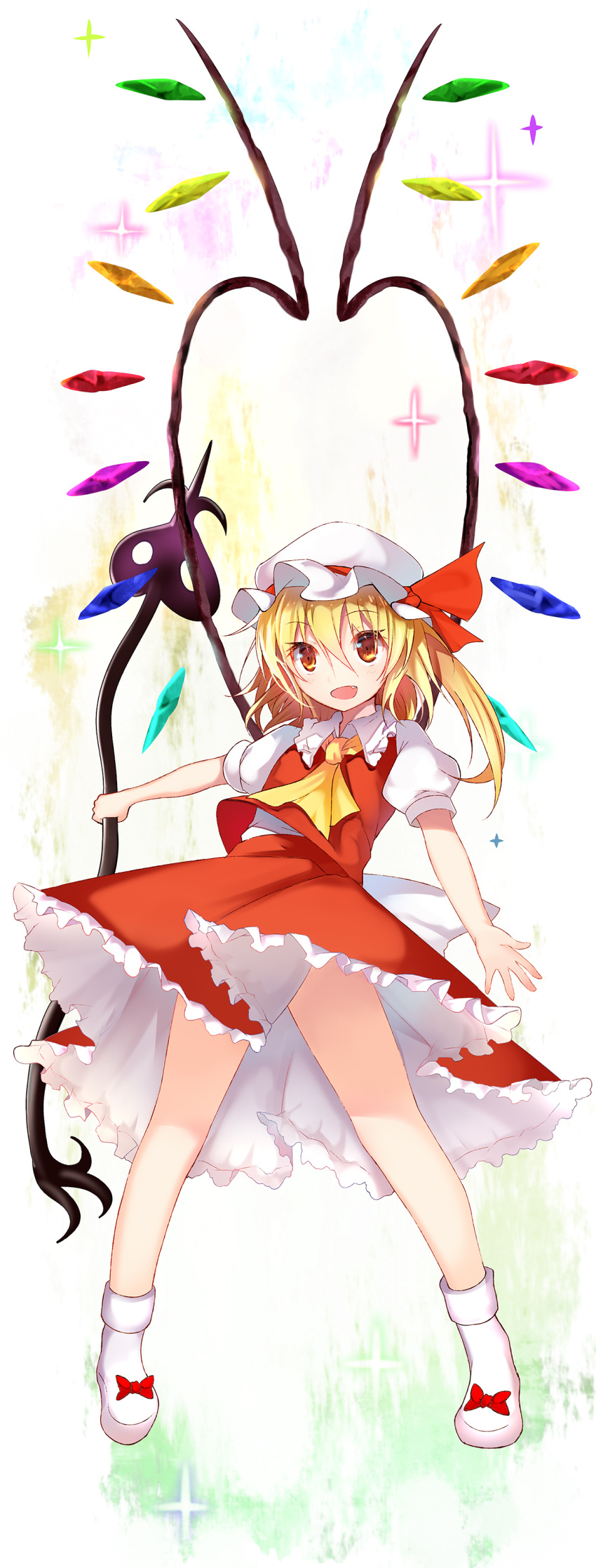 1girl absurdres ascot bangs bare_legs blonde_hair bow collared_shirt crystal efe eyebrows_visible_through_hair fang flandre_scarlet frilled_skirt frills full_body hair_between_eyes hat hat_ribbon highres holding laevatein long_hair looking_at_viewer miniskirt mob_cap one_side_up open_mouth puffy_short_sleeves puffy_sleeves red_bow red_eyes red_ribbon red_skirt red_vest ribbon shirt shoe_bow shoes short_sleeves skirt skirt_set smile solo standing touhou vest white_footwear white_shirt wing_collar wings yellow_neckwear