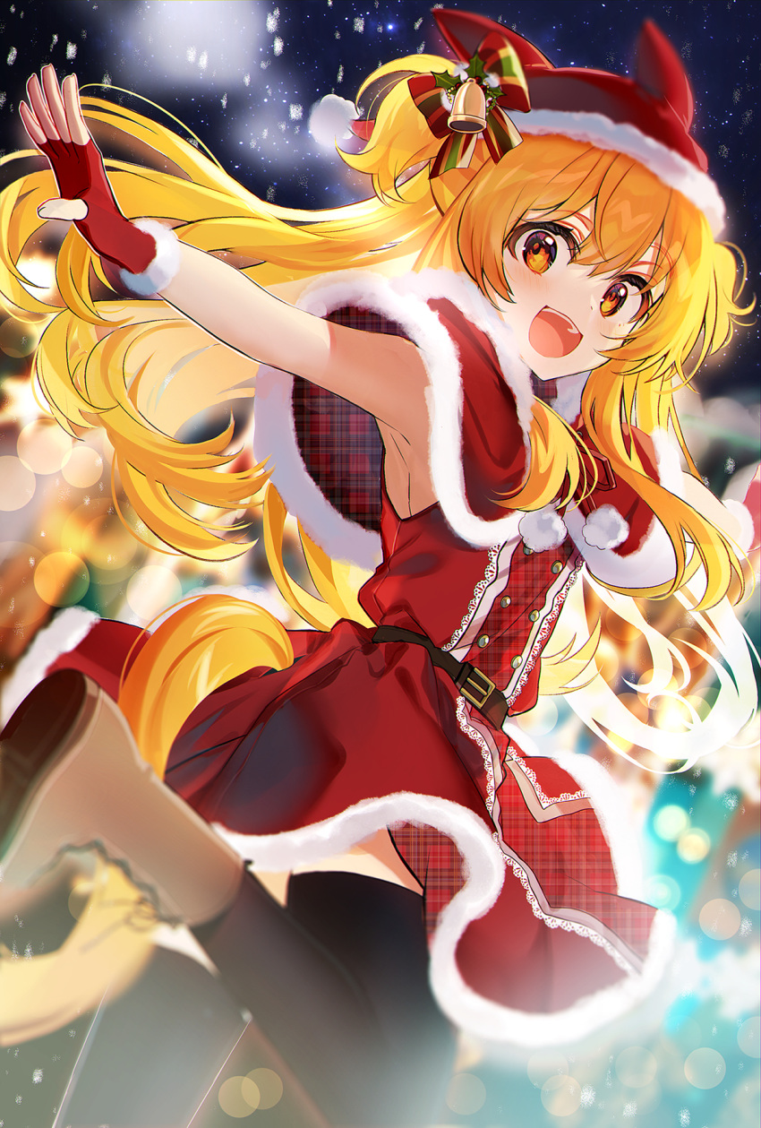 1girl :d alternate_hair_color animal_ears armpits bare_arms bare_shoulders belt black_legwear blonde_hair boots bow capelet christmas dress fake_animal_ears fingerless_gloves fur_trim gloves hair_bow hat highres horse_girl horse_tail kawachi_rin leg_up long_hair looking_at_viewer mayano_top_gun_(umamusume) orange_eyes outstretched_arms red_dress red_gloves red_headwear santa_costume santa_hat sleeveless sleeveless_dress smile solo standing standing_on_one_leg tail thigh-highs two_side_up umamusume