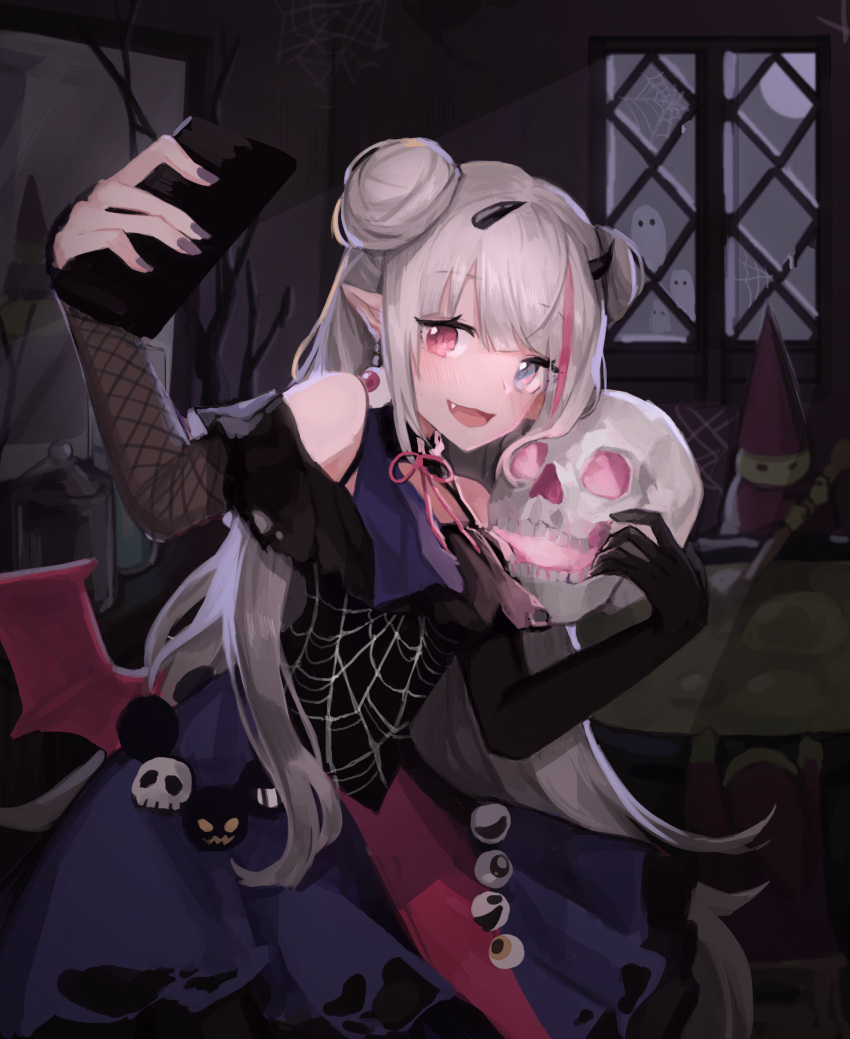1girl absurdres alternate_costume bangs bare_shoulders black_dress black_gloves black_horns blue_eyes blush cellphone collarbone dress earrings elbow_gloves eyeball eyebrows_visible_through_hair fang_out ghost girls_frontline gloves grey_hair halloween heterochromia highres holding holding_phone holding_skull horns jewelry layered_dress long_hair low_wings mdr_(girls_frontline) multicolored multicolored_clothes multicolored_hair open_mouth phone pink_eyes pink_hair pn_pixi pointy_ears print_dress self_shot silk single_elbow_glove single_sleeve skull smartphone smile solo spider_web spider_web_print streaked_hair taking_picture two-tone_hair wings