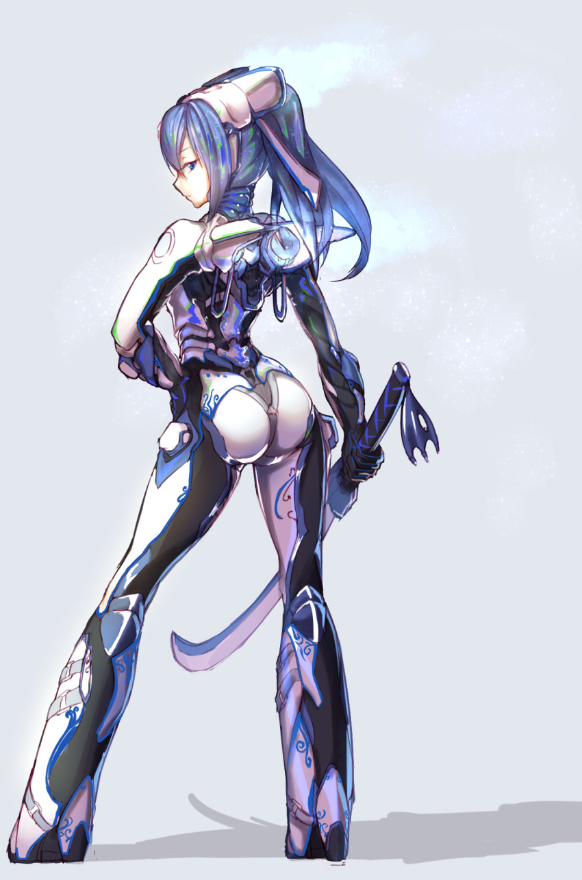 1girl back blue_eyes blue_hair bodysuit closed_mouth eyebrows_visible_through_hair full_body hand_on_hip headgear highres holding holding_sword holding_weapon humanization long_hair looking_at_viewer looking_back multicolored_hair nova_(warframe) nova_prime_(warframe) ponytail simple_background solo standing sword warframe weapon yyboo