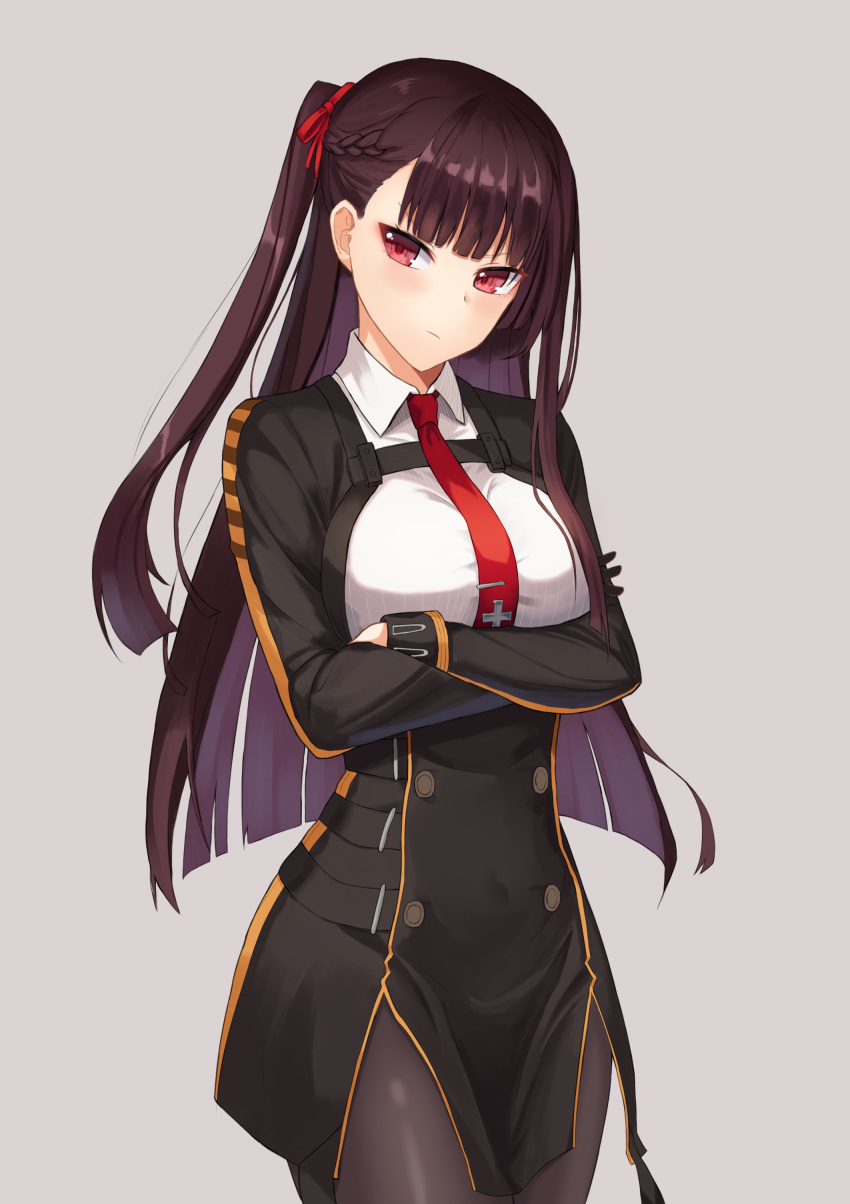 1girl absurdres bangs black_legwear black_skirt blazer blush breasts closed_mouth collared_shirt cropped_legs crossed_arms doggo34476335 eyebrows_visible_through_hair framed_breasts girls_frontline gloves grey_background hair_ribbon half_updo high-waist_skirt highres jacket large_breasts long_hair looking_at_viewer necktie one_side_up pantyhose pelvic_curtain purple_hair red_eyes red_neckwear red_ribbon ribbon shirt simple_background skirt solo striped striped_shirt very_long_hair wa2000_(girls_frontline)