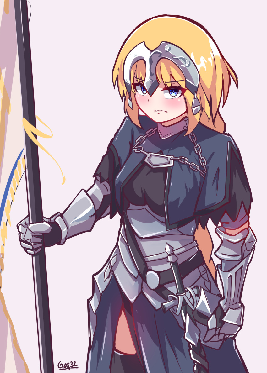 1girl absurdres armor blonde_hair blue_eyes blush braid cape cowboy_shot fate/apocrypha fate/grand_order fate_(series) highres jeanne_d'arc_(fate) jeanne_d'arc_(fate)_(all) looking_at_viewer polearm side_slit single_braid solo standard_bearer sword tegar32 thigh-highs weapon