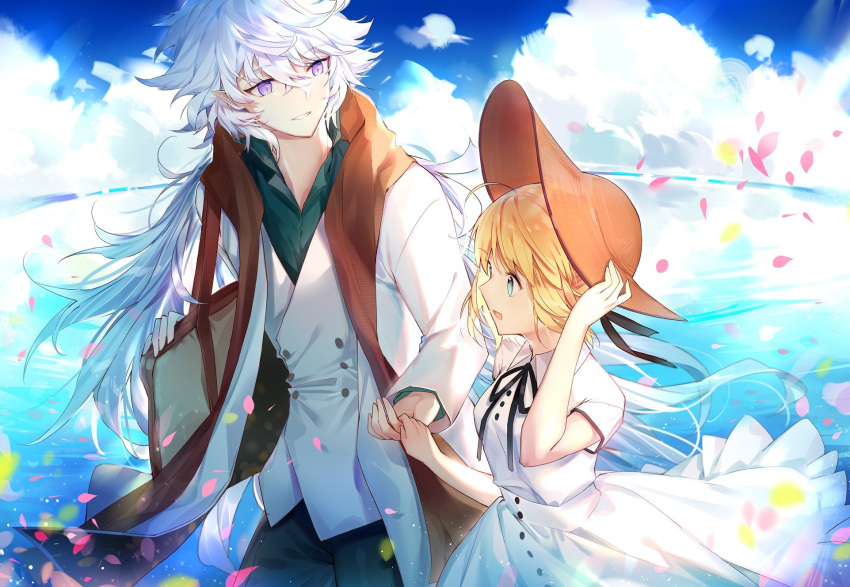 1boy 1girl ahoge artoria_pendragon_(all) black_pants black_ribbon blonde_hair blue_sky brown_hat clouds day dress eyebrows_visible_through_hair fate/grand_order fate_(series) floating_hair green_eyes hair_between_eyes hair_ribbon hand_on_headwear hat highres jacket kamiowl long_hair merlin_(fate/prototype) neck_ribbon open_mouth outdoors pants parted_lips pointy_ears ribbon saber short_hair short_sleeves silver_hair sky sun_hat sundress very_long_hair violet_eyes white_dress white_jacket