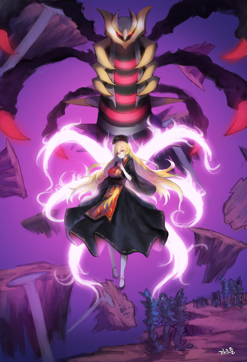 1girl absurdres bangs black_dress black_hat blonde_hair breasts chinese_clothes creatures_(company) dress energy floating floating_hair floating_rock fox_tail game_freak gen_4_pokemon giratina hair_between_eyes hand_up hat heoningu highres junko_(touhou) large_breasts long_hair long_sleeves looking_at_viewer multiple_tails nintendo pale_skin parted_lips pokemon pokemon_(game) pokemon_dppt purple_background purple_sky red_eyes solo tabard tail touhou wide_sleeves